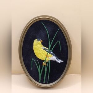 Vintage Canadian Embroidered Goldfinch Wall Art Oval Framed Ecstasy Giftware